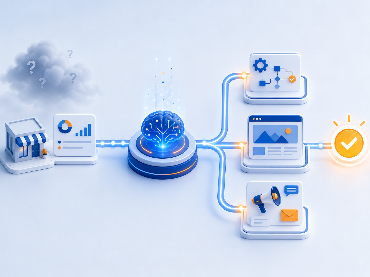 A small business connecting through AI to automated workflows, a modern website, and organized marketing